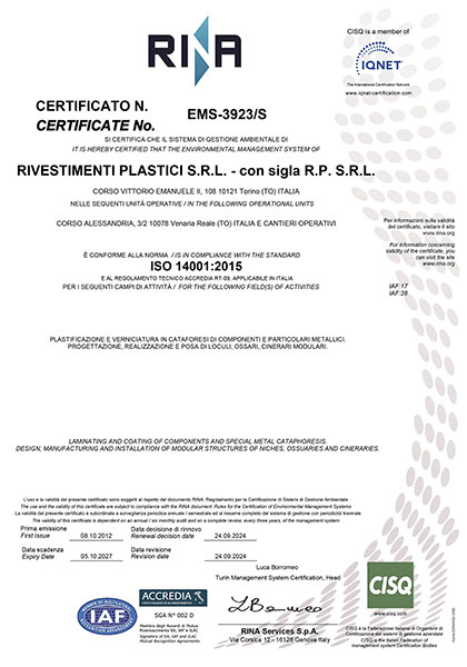 Certification du Système de Gestion Environnementale ISO 14001:2015  - RP Rivestimenti plastici