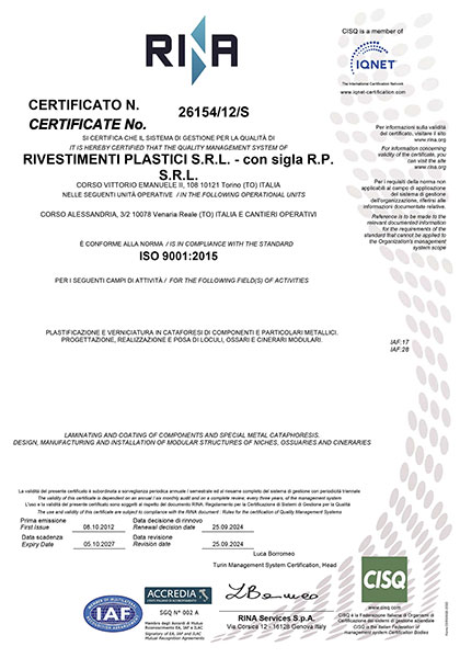 Certification du Système de Gestion Environnementale ISO 14001:2015  - RP Rivestimenti plastici